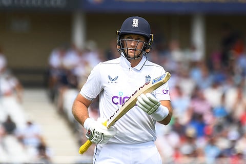 Joe Root walks of after being dismissed by Jayden Seales 